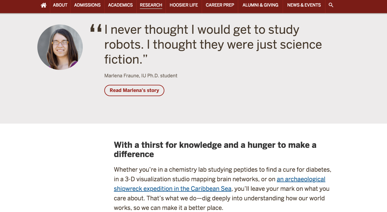 screenshot capturing Indiana University's Research page on their website with articles about student research and quotes