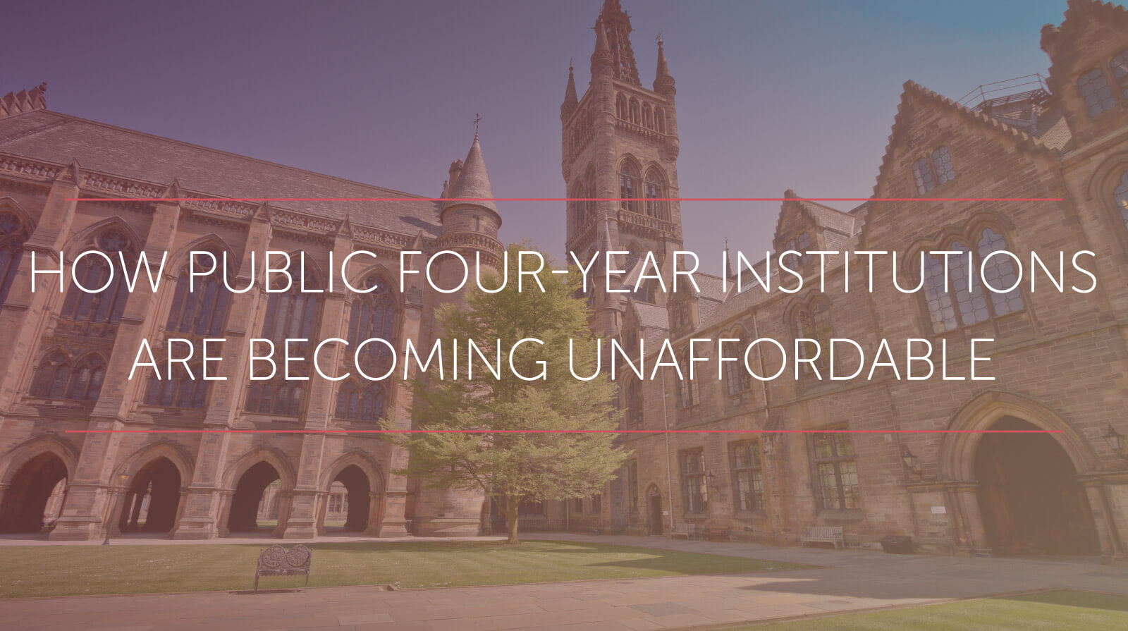 Picture of a stately campus building under the words how public four year institutions are becoming unaffordable