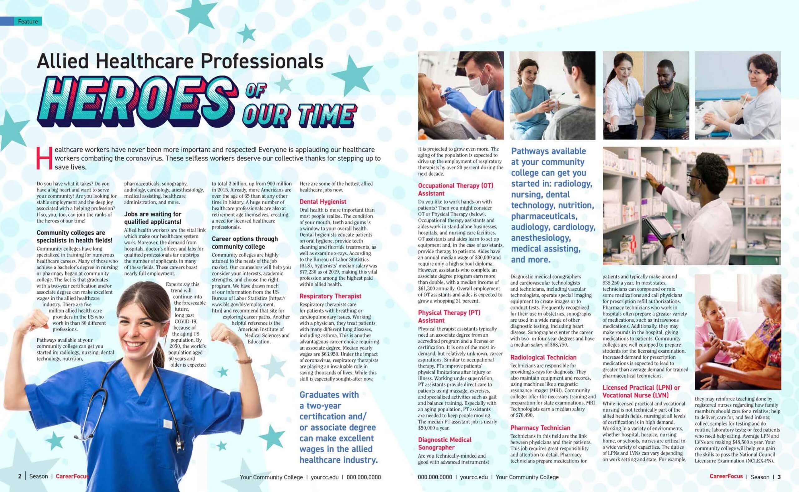 article spread in a magazine with title "Allied Healthcare Professionals Heroes of Our Time"